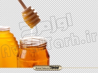 عکس با کیفیت شیشه عسل و قاشق چوبی
