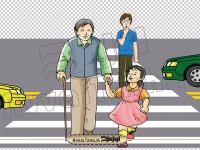 دوربری تصویر نقاشی کمک به مرد نابینا برای عبور از خیابان