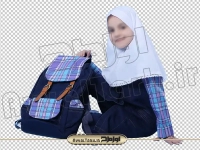 دوربری دختر دبستانی نشسته با کوله پشتی